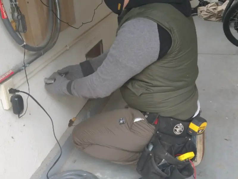 Electrician performing outlet wiring in a Omaha garage